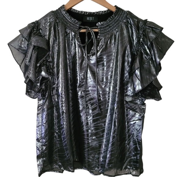 RESET by Jane Sasha Shine Blouse Flutter Sleeve Black Silver Metallic New - Picture 2 of 16